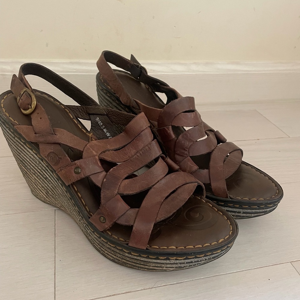 Born Dark Brown Leather Wedge Sandals